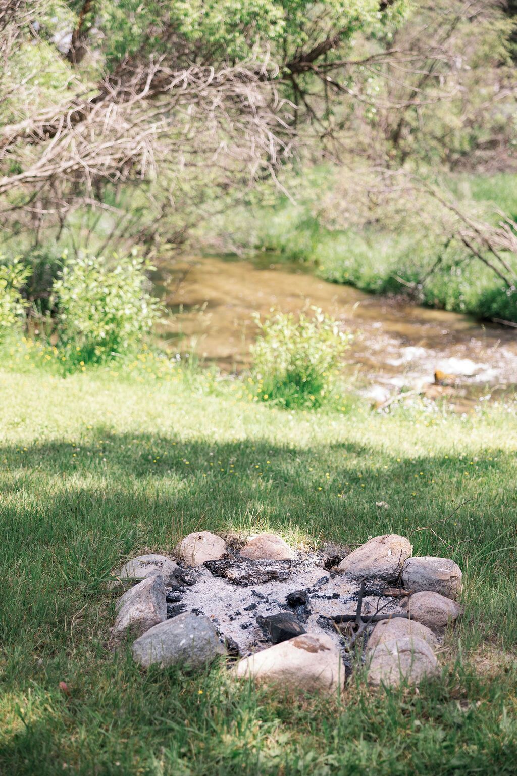 Un entorno natural al aire libre con un hogar para fogata rodeado de rocas y césped, un arroyo al fondo y árboles.