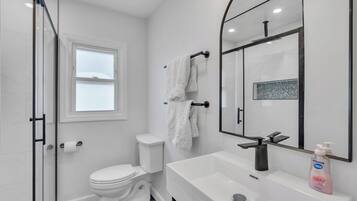Shower, hair dryer, towels, soap