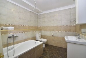 Chuveiro, secador de cabelo, toalhas de banho, sabonete