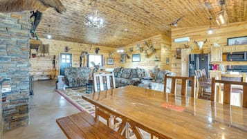 TV, fireplace, books