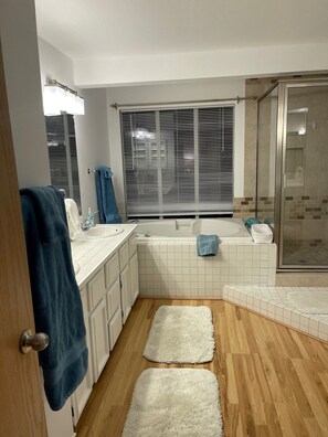 Hair dryer, towels, soap, shampoo