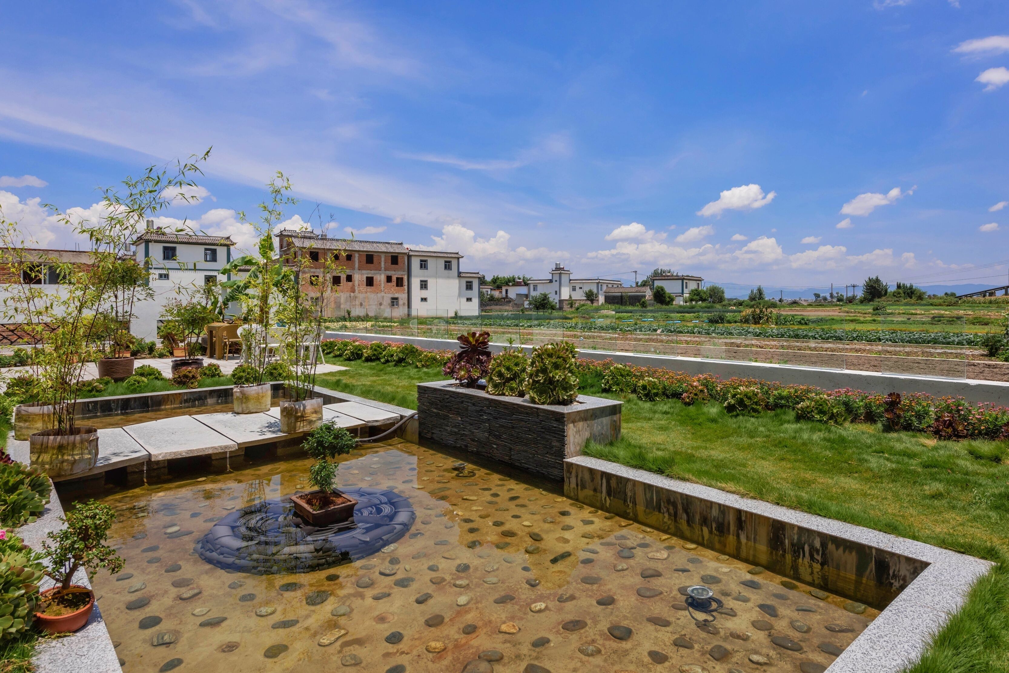 A courtyard with a water feature, potted plants, and a road in the background.