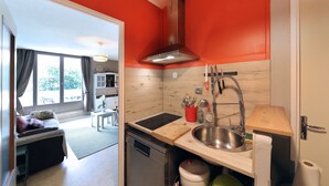 A compact kitchen with a modern stove, sink, and a red accent wall.