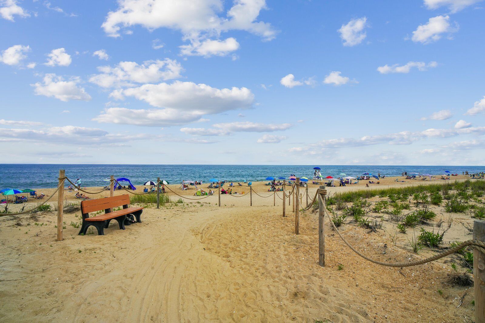 A sandy beach with a wooden bench and ropes marking a path.