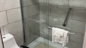 A modern bathroom with a glass-enclosed shower, a white toilet, and a towel rack.