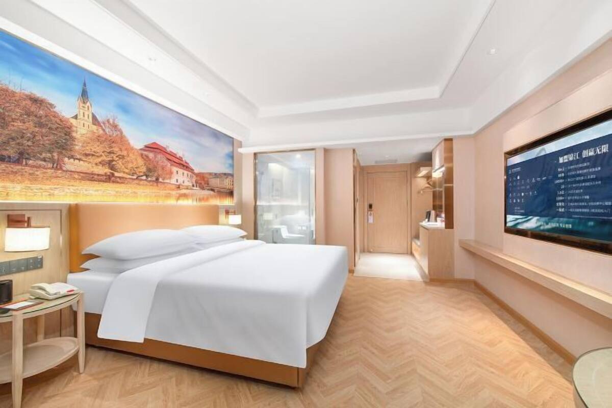 A hotel room with a bed, a desk, a TV, and a mural on the wall.