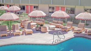 Un área junto a la piscina con sillones de descanso, sombrillas y una alberca.
