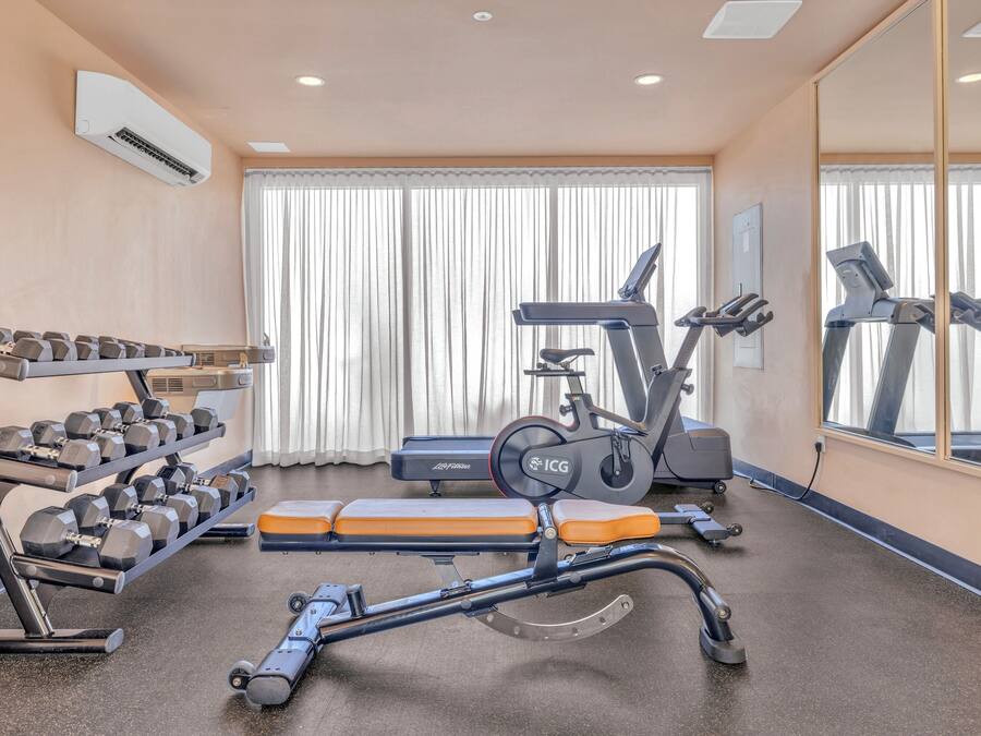 Une salle de sport équipée de matériel d’exercice, notamment des haltères, un vélo d’appartement et un tapis de course.