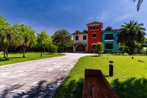 A pathway leading to a building with a red and blue facade, surrounded by palm trees and grass.