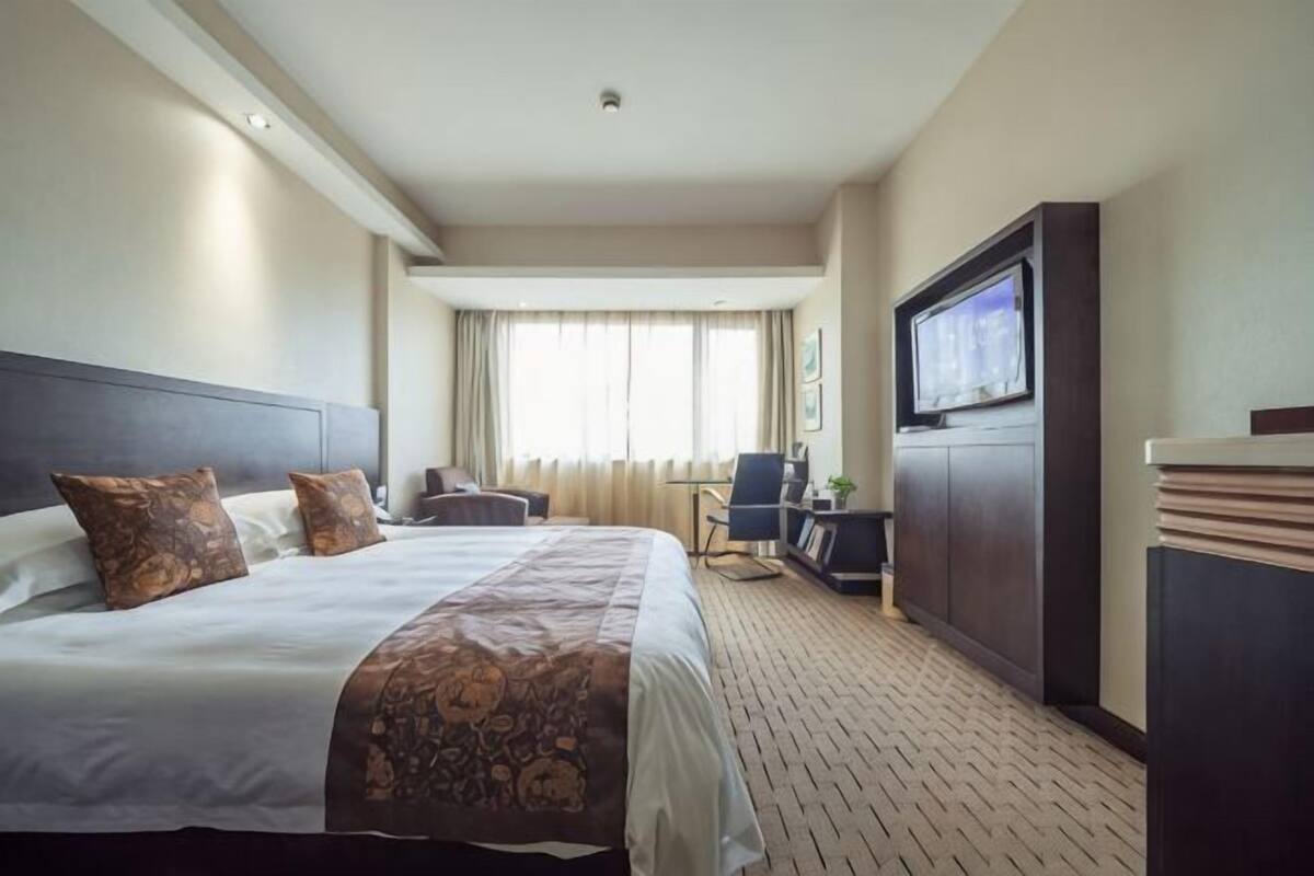 Habitación de hotel con una cama grande, televisión, escritorio y una silla.
