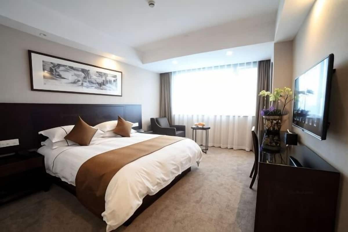 Habitación de hotel con una cama grande, un escritorio, una silla, un televisor y una ventana con cortinas.