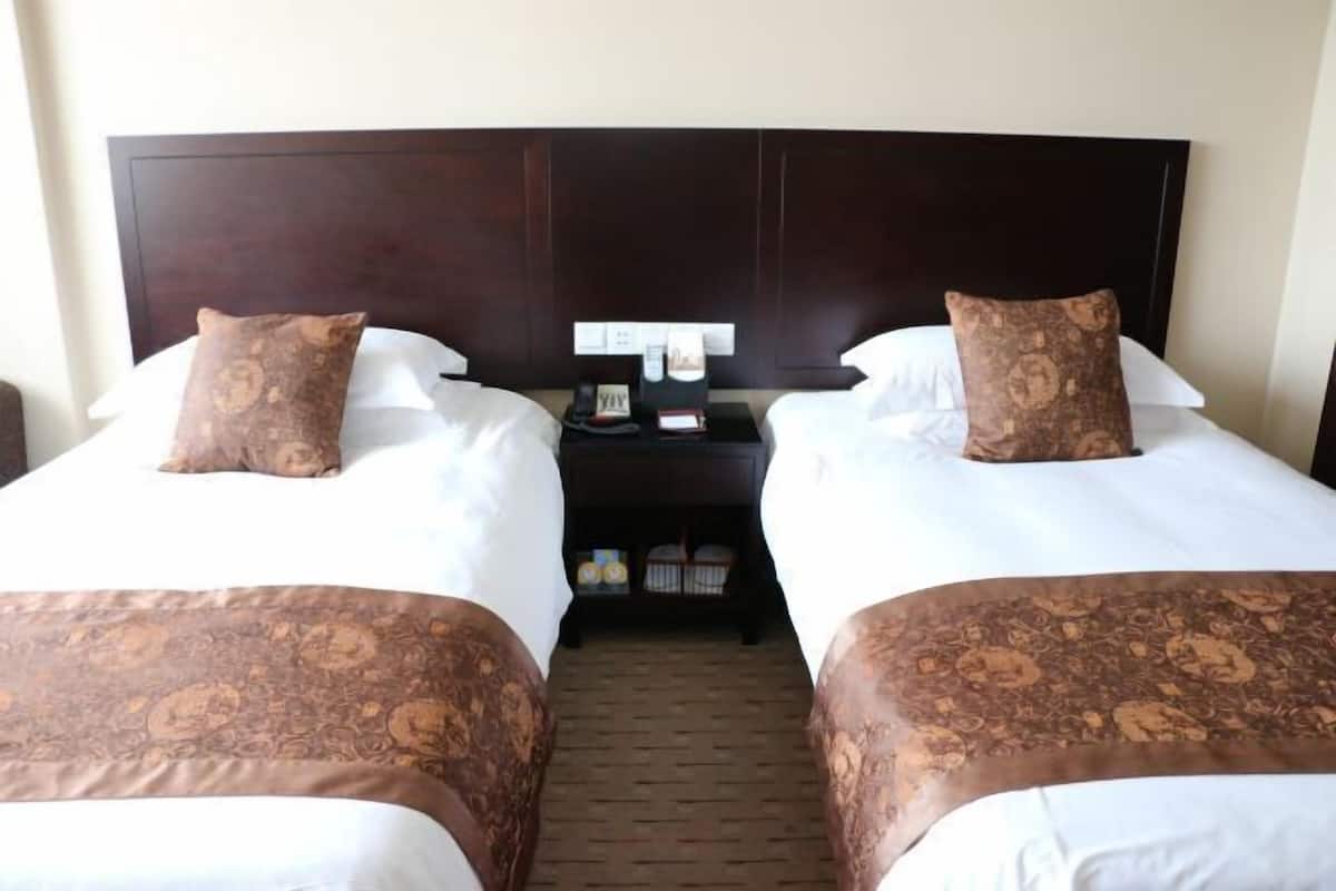 Habitación de hotel con dos camas, cada una con una colcha marrón estampada y almohadas a juego. Un mesita de noche entre las camas tiene una lámpara y una pequeña mesa con algunos objetos encima.