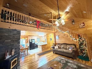 Smart TV, fireplace, table football, books