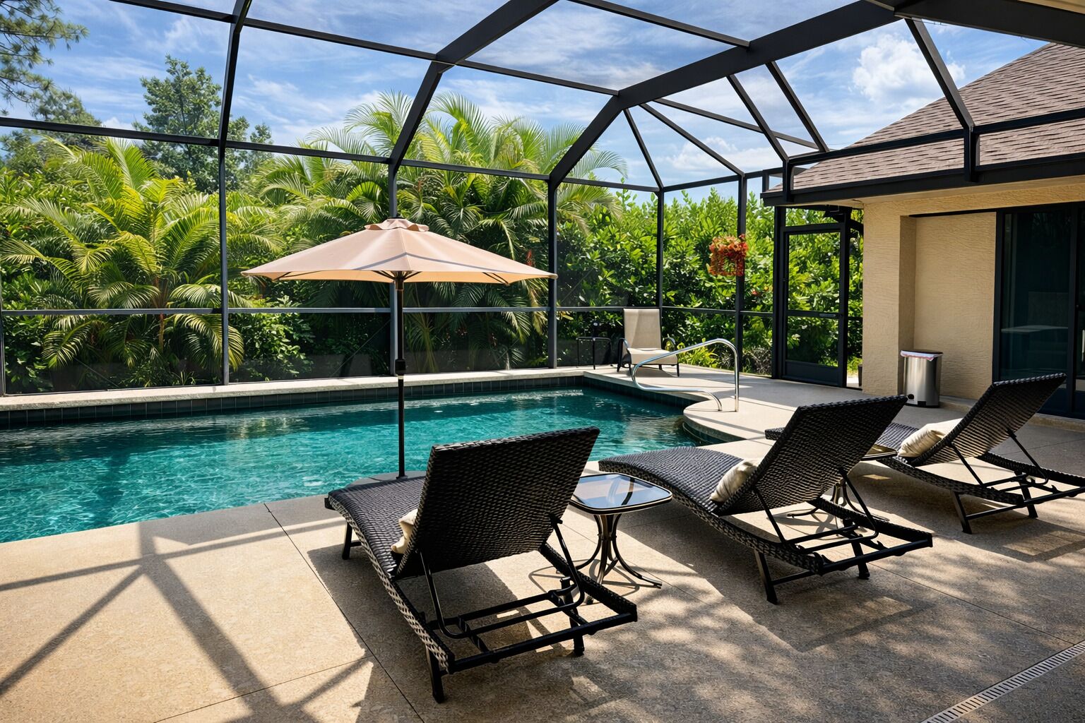 A poolside area with a glass-enclosed structure, lounge chairs, and a pool.