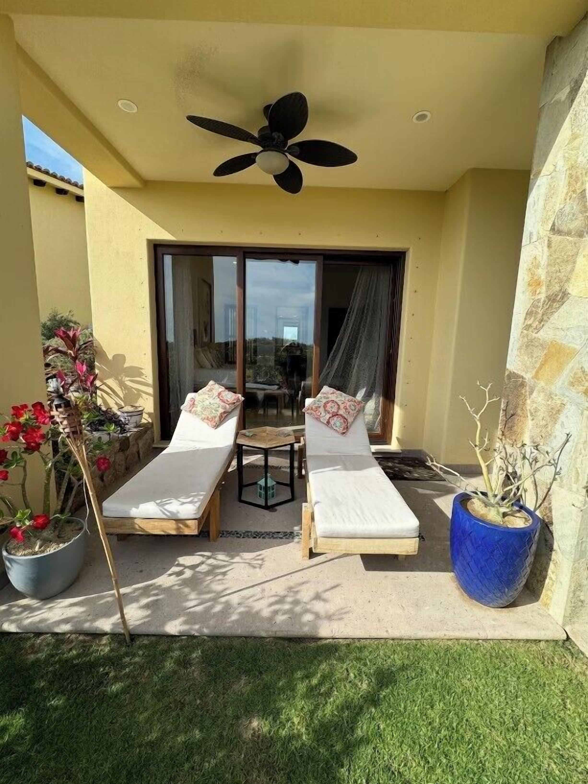 A sunlit patio with two lounge chairs, a ceiling fan, and a large potted plant.