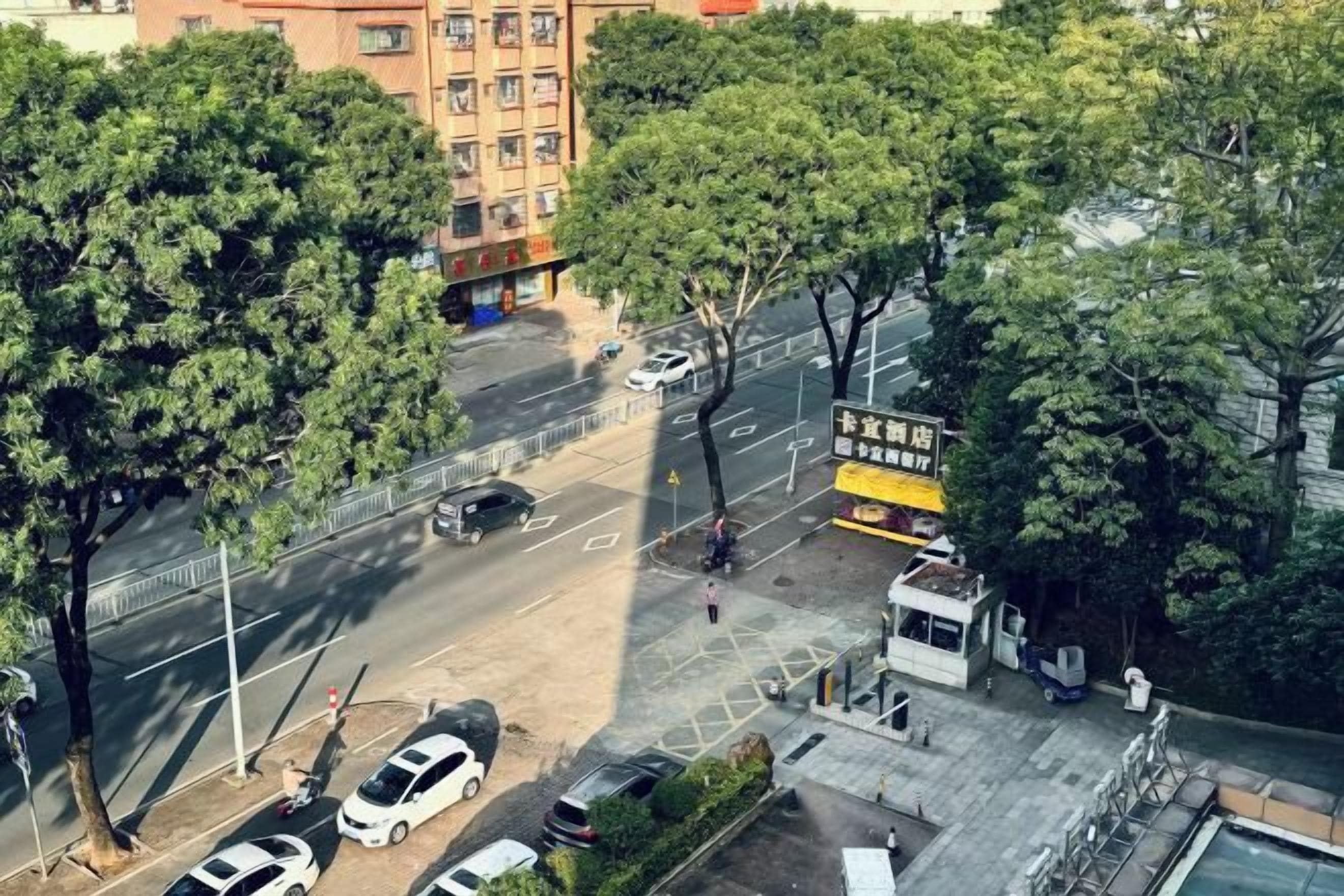 Vista a nivel de calle de una intersección urbana con árboles, coches estacionados y una parada de autobús.