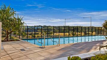 Outdoor pool, pool umbrellas, pool loungers