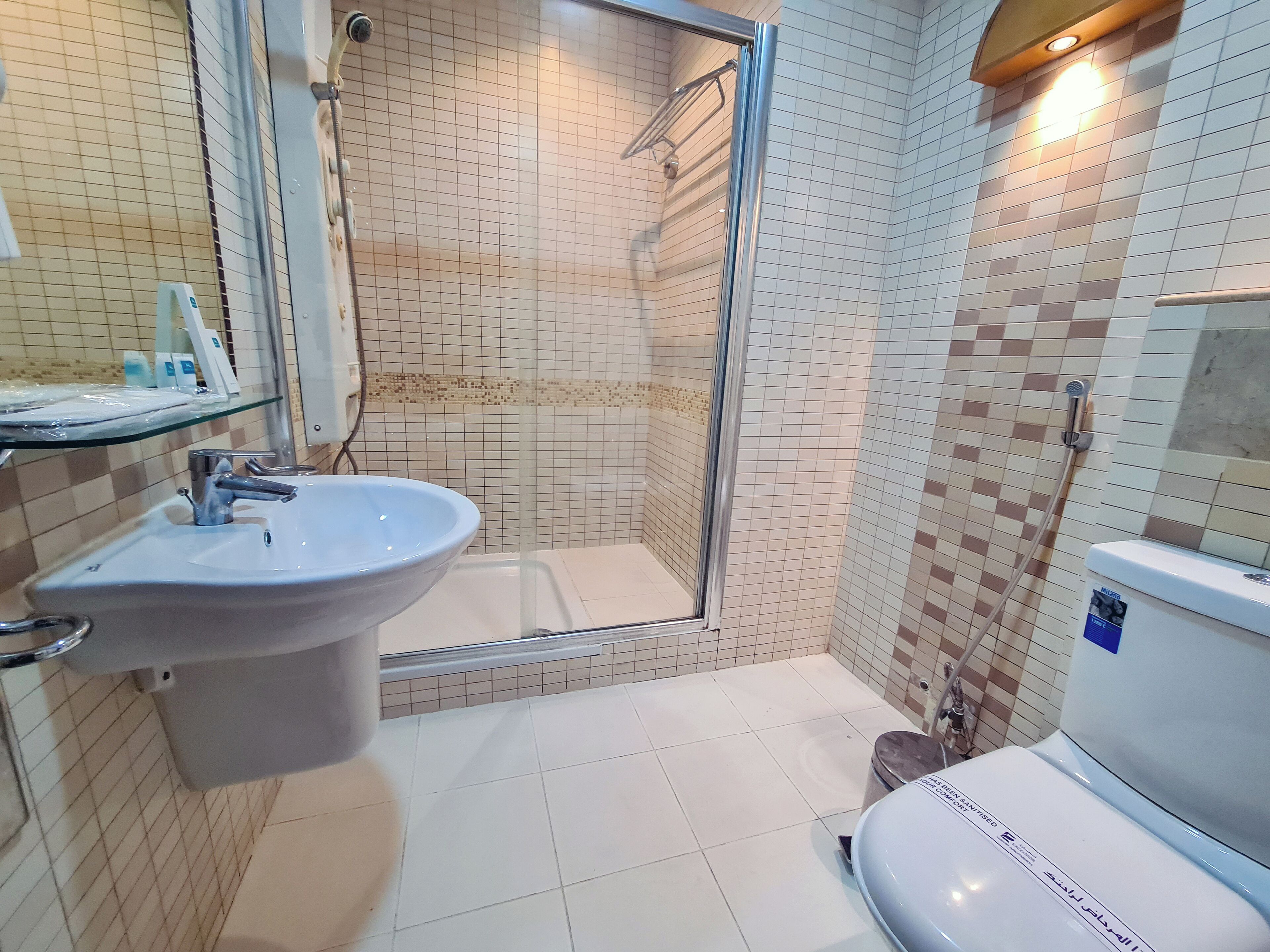 A bathroom with a glass-enclosed shower, a sink, and a toilet.