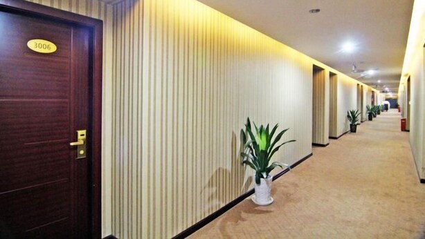 Ein Hotelkorridor mit einer Holztür mit der Beschriftung "3006", vertikal gestreifter Tapete und Blumentöpfen entlang der Wand.