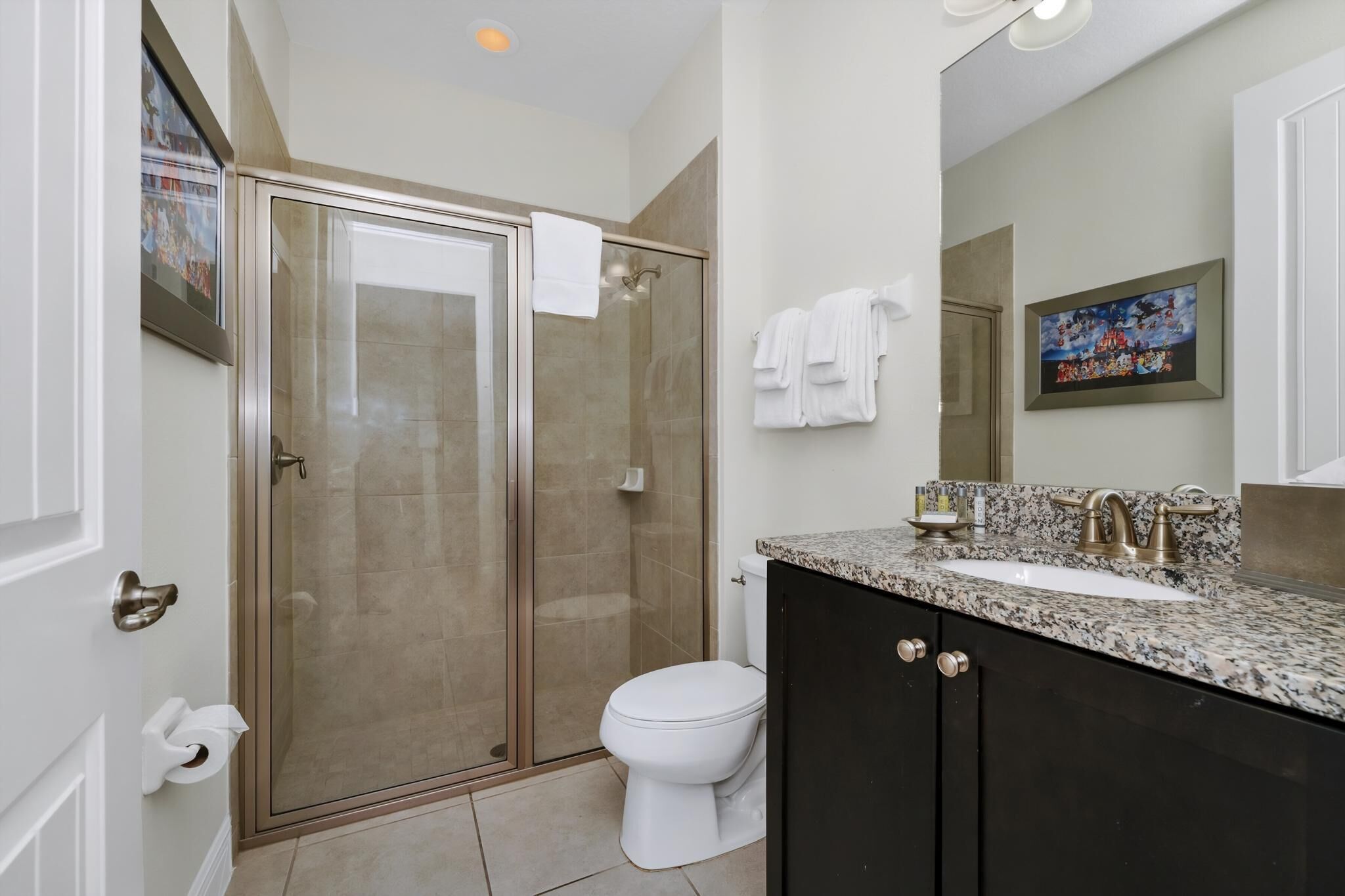 A modern bathroom with a glass-enclosed shower, a white toilet, a granite countertop sink, and dark cabinetry.
