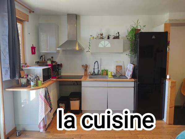 Fridge, microwave, stovetop, coffee/tea maker