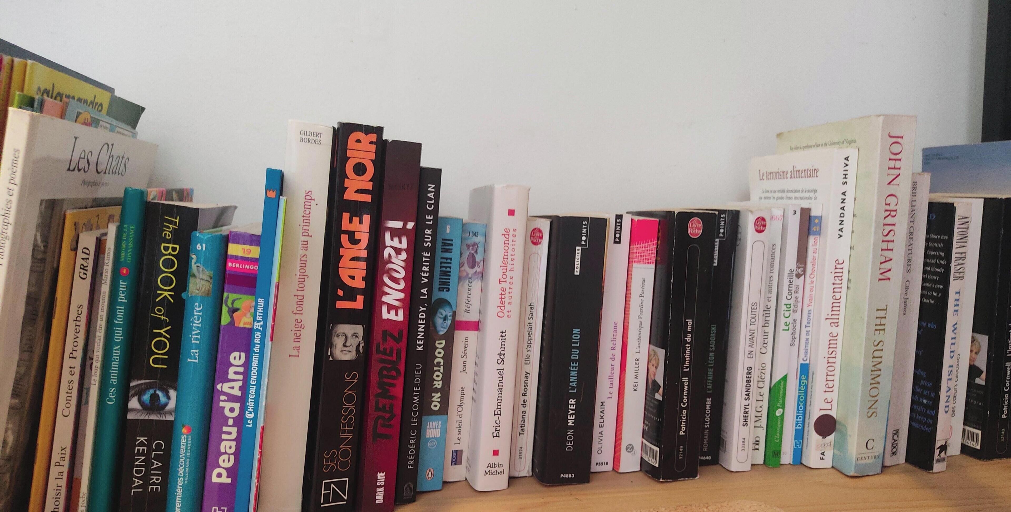 A bookshelf with various books, some with visible titles and authors.