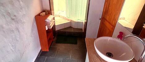 A bathroom with a white sink, a mirror, a shower, and a toilet.
