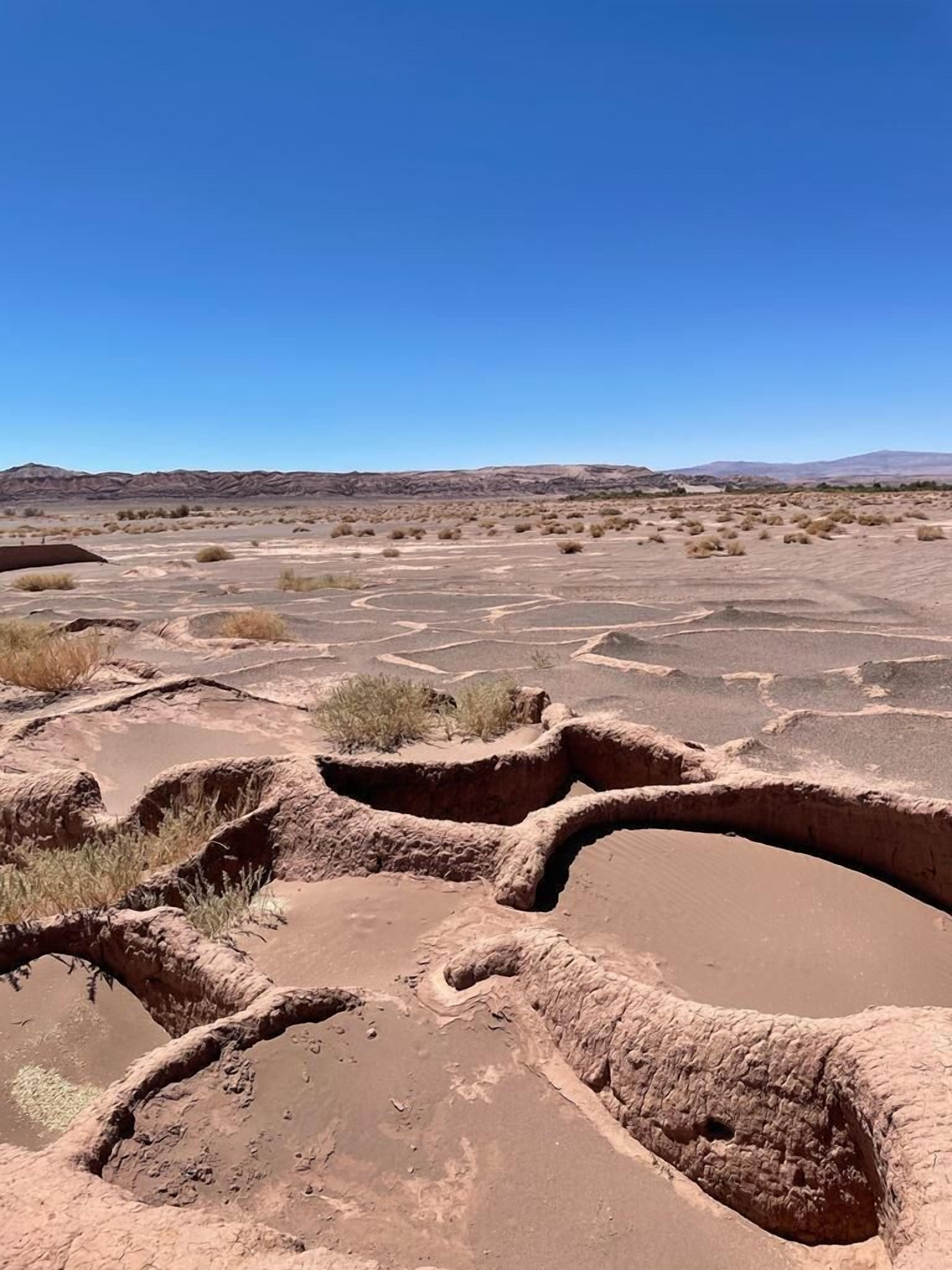 Un paisaje árido y extenso con formaciones escalonadas y vegetación escasa.