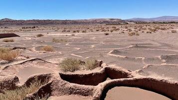 Un paisaje árido y extenso con formaciones escalonadas y vegetación escasa.
