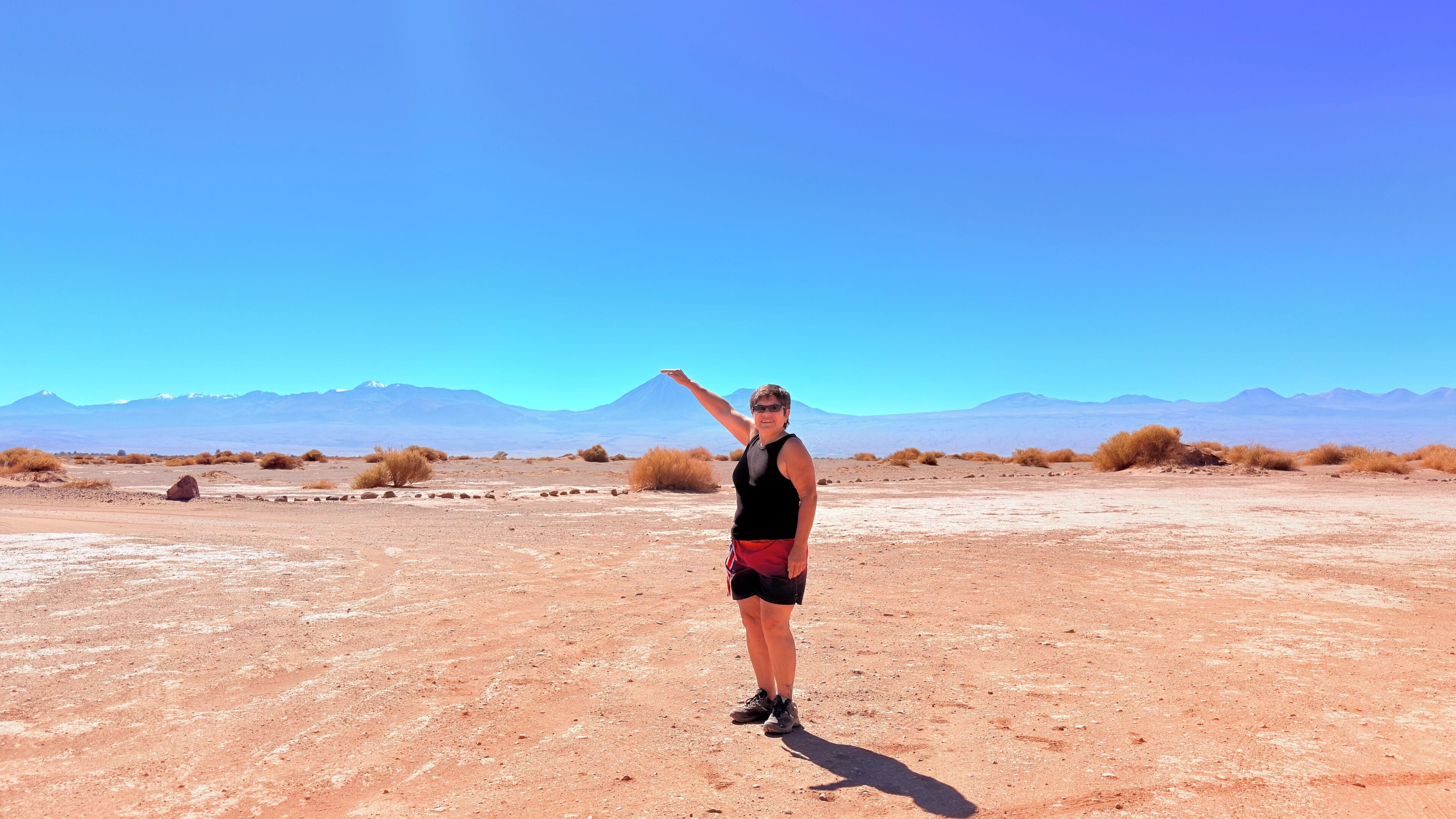 Una persona de pie en un paisaje árido, con montañas al fondo.