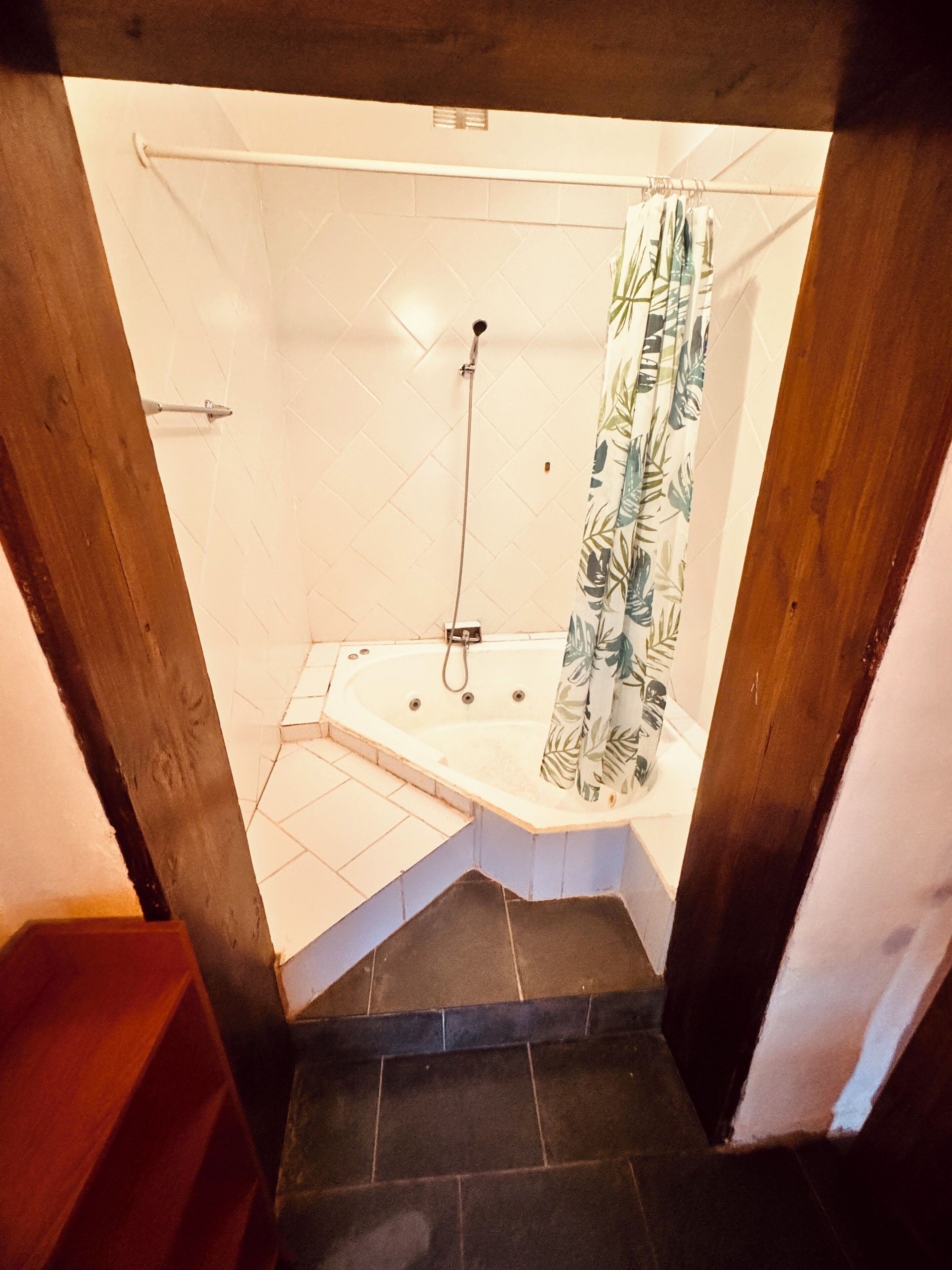 A small, enclosed bathroom with a shower, a bathtub, and a toilet.