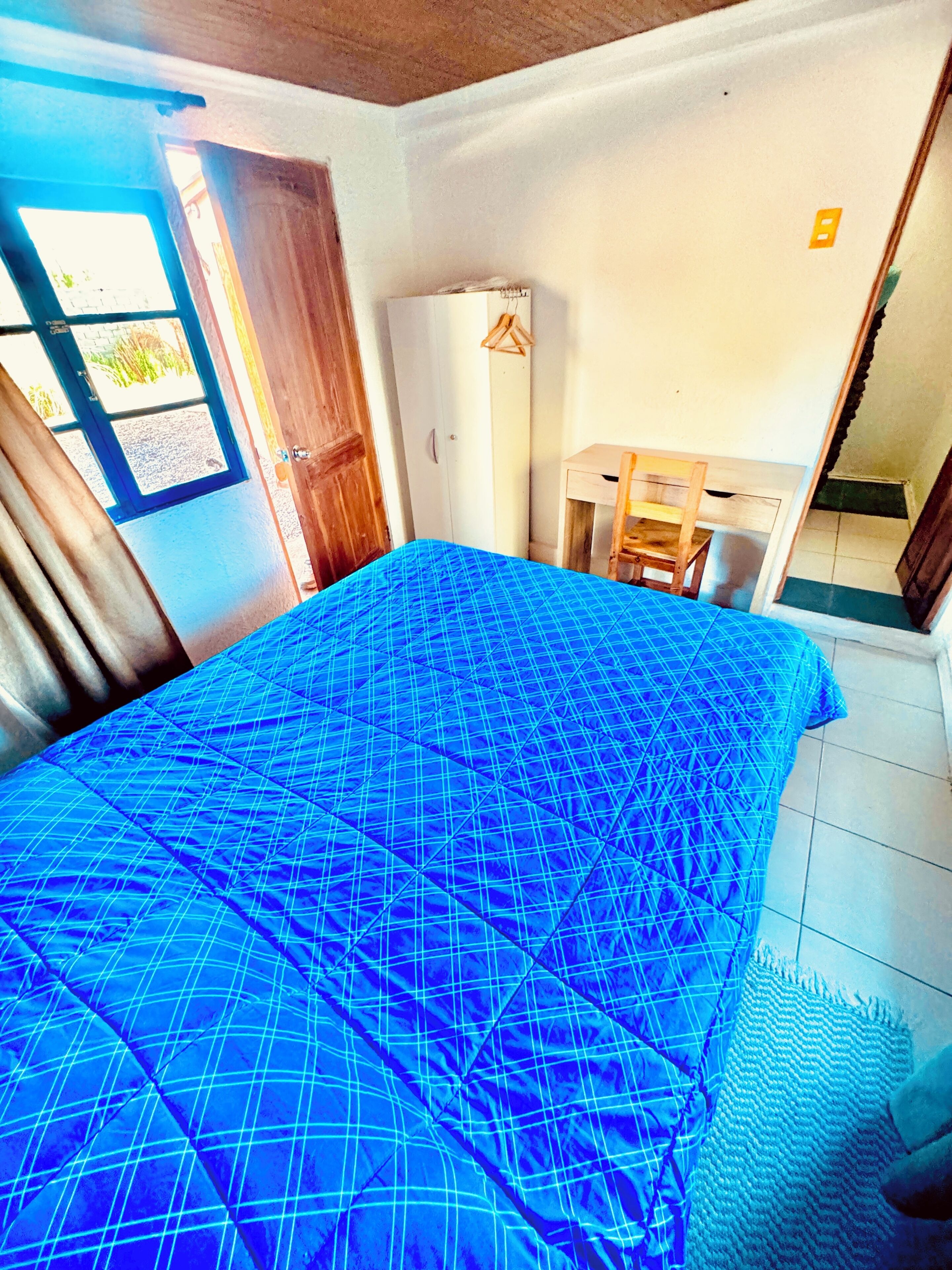 A room with a bed, a desk, and a chair.