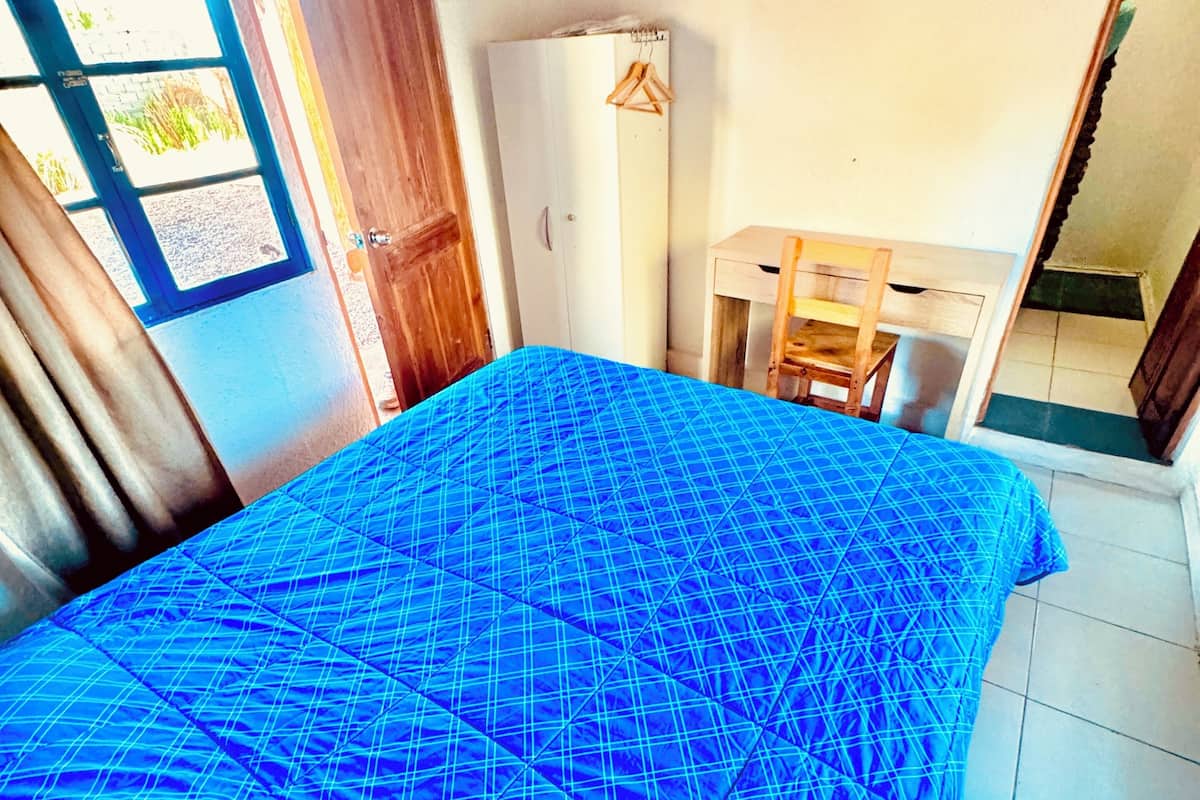 A room with a bed, a desk, and a chair.