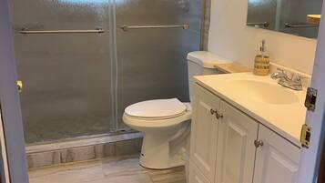 Regadera, secadora de cabello, toallas, jabón