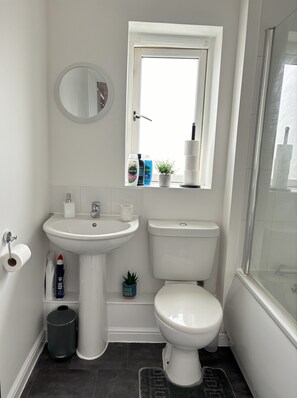 Een haardroger, handdoeken, shampoo, toiletpapier