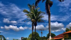 A clear blue pool with lounge chairs, palm trees, and a building with a red roof in the background. - Vila Jacaré (Brotas)