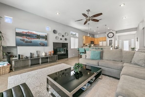 Smart TV, fireplace, books