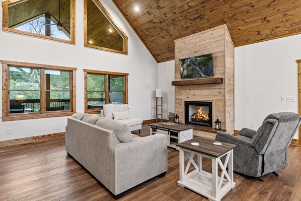 Smart TV, fireplace, books