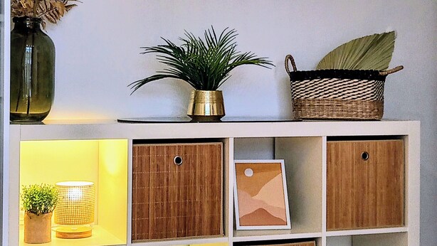 Une pièce comprenant une console blanche, une horloge murale, une plante en pot, un panier et une étagère ornée d’objets décoratifs.