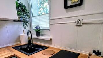 Fridge, microwave, stovetop, electric kettle