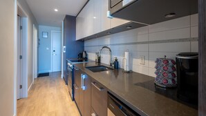 A modern kitchen with stainless steel appliances, a double sink, and a coffee machine. - Chic Downtown Suite & People-Watching Deck (Victoria Central British Columbia Provincial Government)