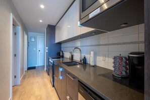 A modern kitchen with stainless steel appliances, a double sink, and a coffee machine. - Chic Downtown Suite & People-Watching Deck (Victoria Central British Columbia Provincial Government)