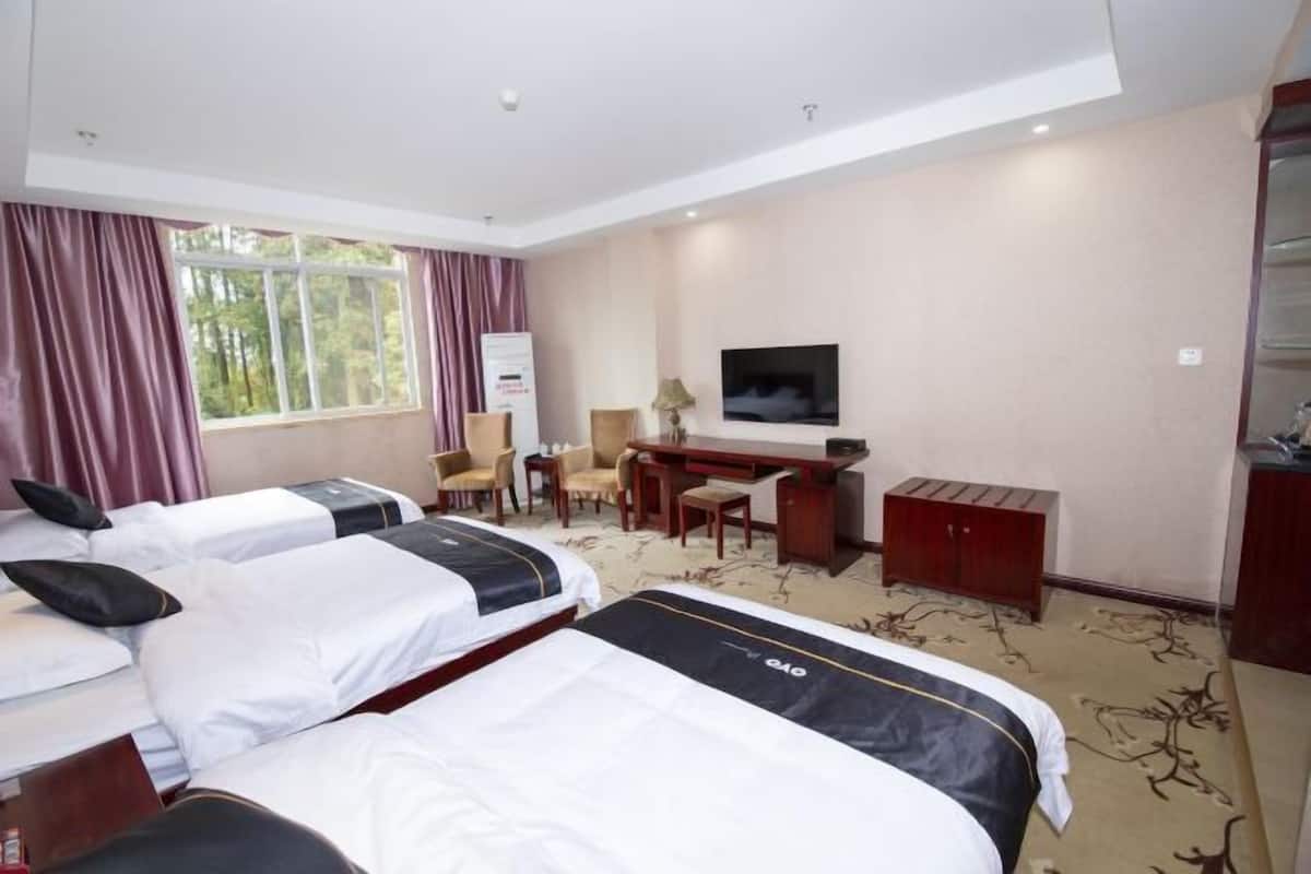 Una habitación de hotel con dos camas, un escritorio, un televisor y una ventana con cortinas.
