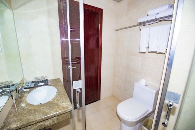 A bathroom with a marble sink, a toilet, and a glass shower enclosure.