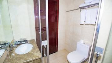 A bathroom with a marble sink, a toilet, and a glass shower enclosure.