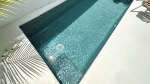 A small, narrow swimming pool with clear blue water, surrounded by a white wall and potted plants.