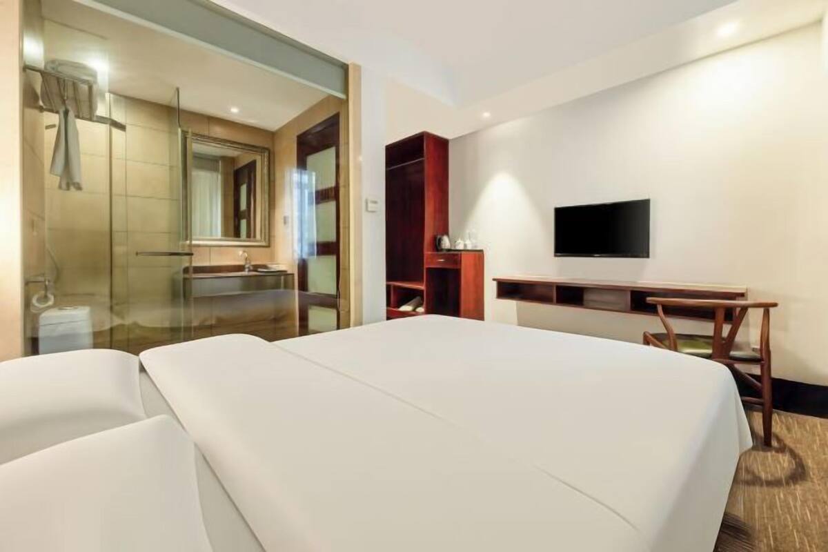 Habitación de hotel con cama, escritorio, televisor, ducha y espejo.