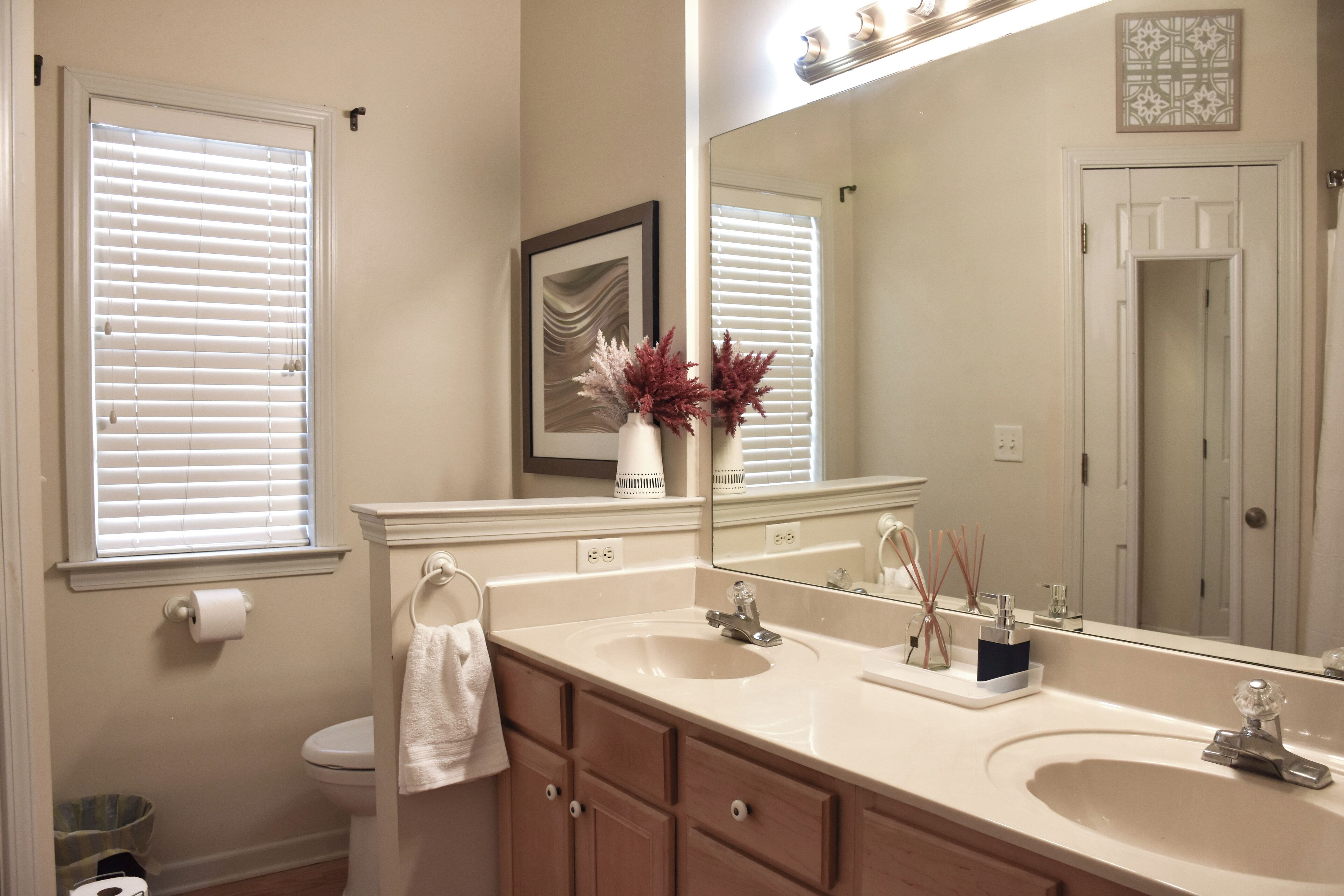 Hair dryer, towels, soap, shampoo