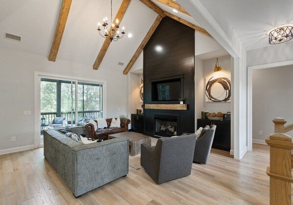 TV, fireplace, foosball