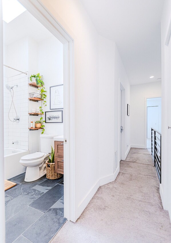Hair dryer, towels, soap, shampoo